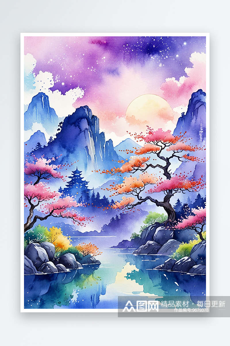 手绘中风小清新水彩风格山水风景插画素材