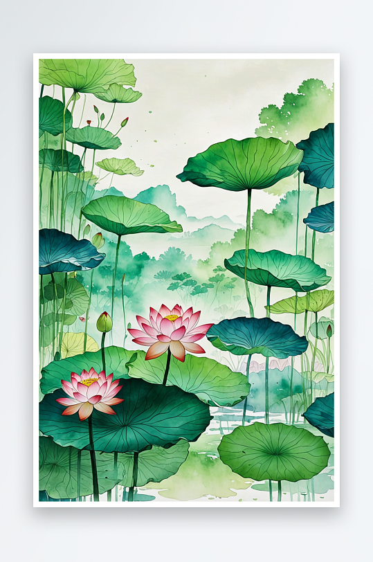 清新山水画水墨画青绿山水荷塘荷花莲花莲蓬