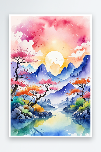 手绘中风小清新水彩风格山水风景插画