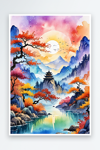 复古画画轴水彩风格山河秋色插画背景图