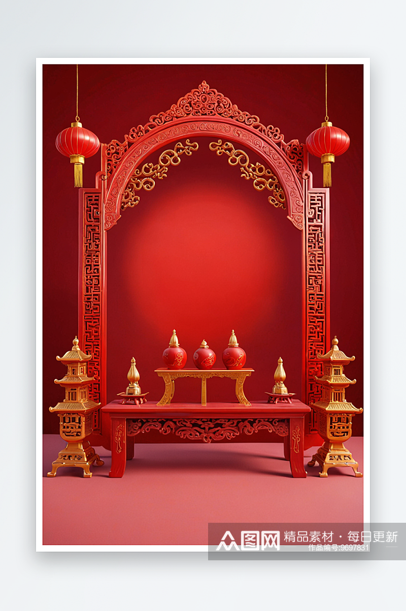 新中式家居红色喜庆展台背景素材