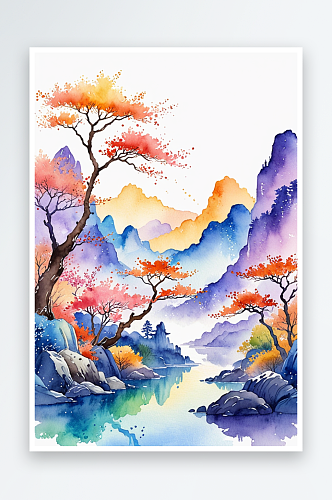 手绘中风小清新水彩风格山水风景插画