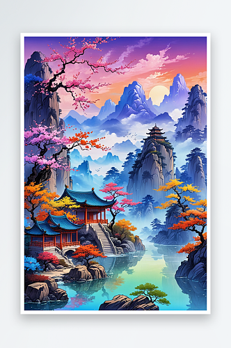 绝新中式风绘画画风格的山水场景