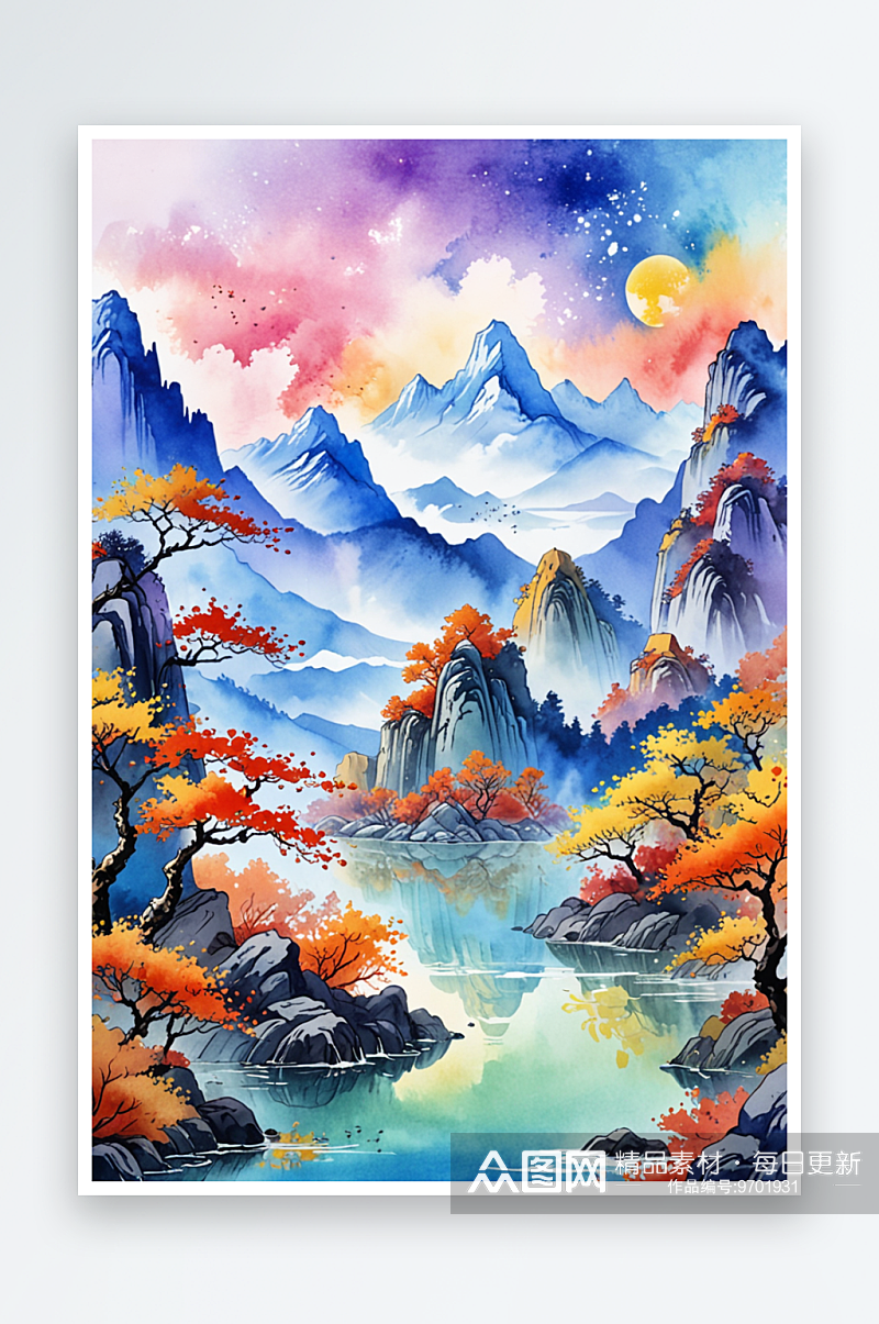 复古画画轴水彩风格山河秋色插画背景图素材