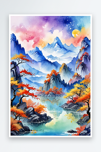 复古画画轴水彩风格山河秋色插画背景图