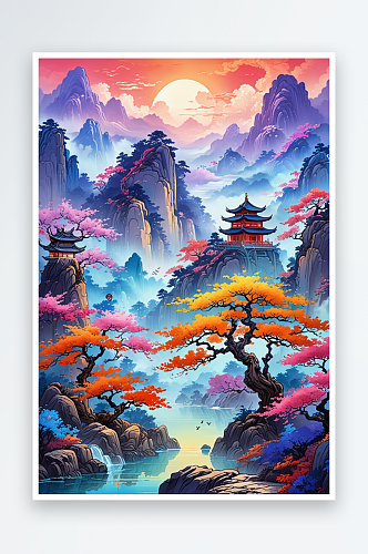 绝新中式风绘画画风格的山水场景