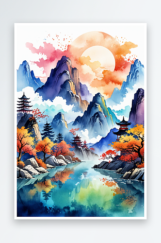 复古画画轴水彩风格山河秋色插画背景图