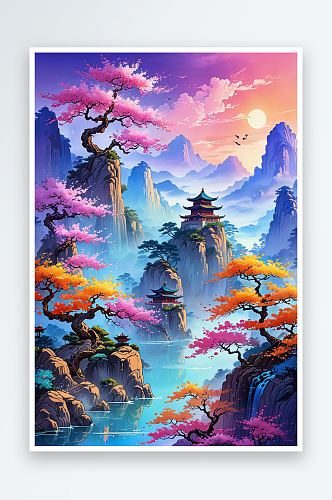 绝新中式风绘画画风格的山水场景