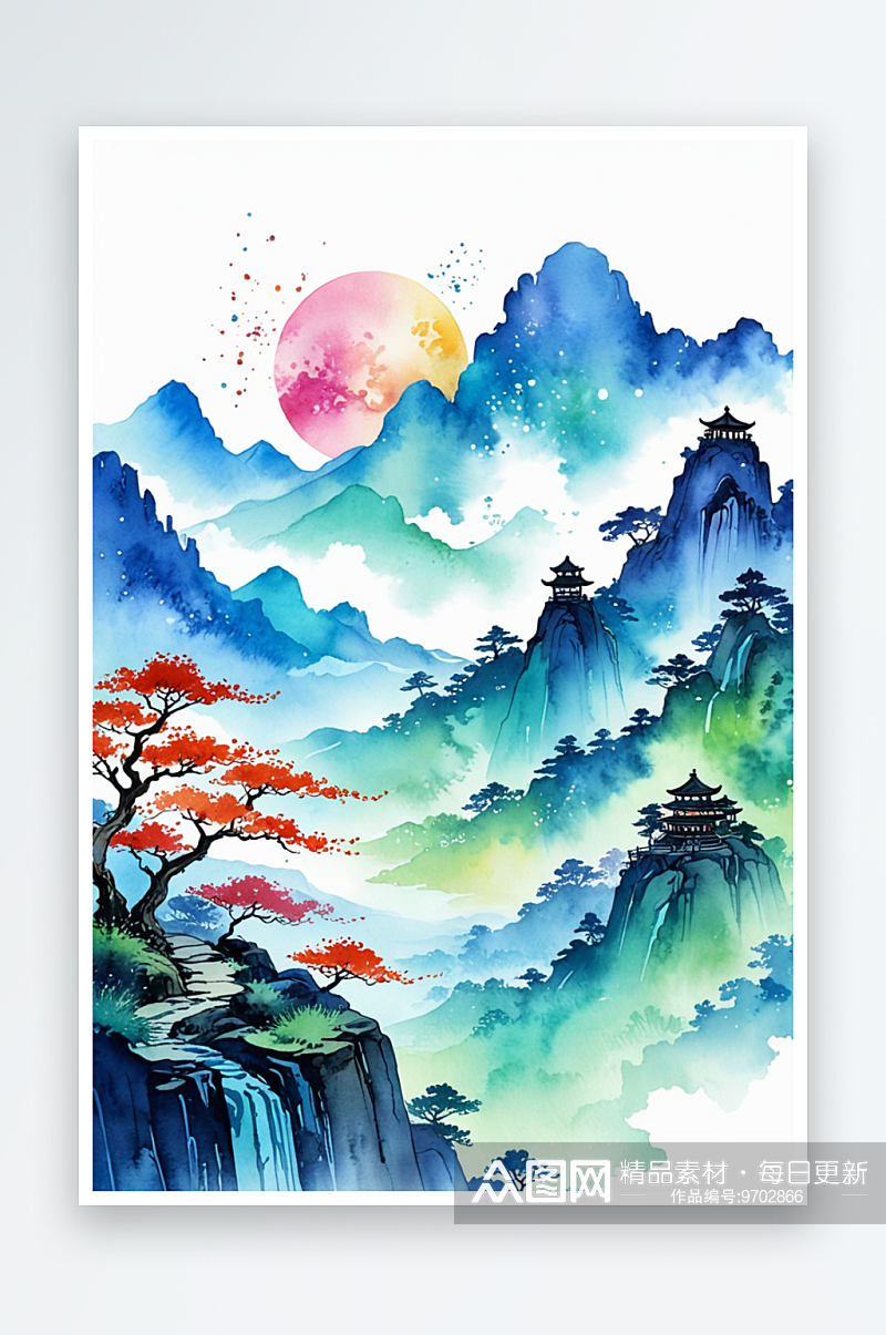 复古画画轴水彩风格山水插画背景图素材