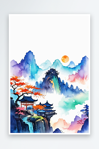 复古画画轴水彩风格山水插画背景图