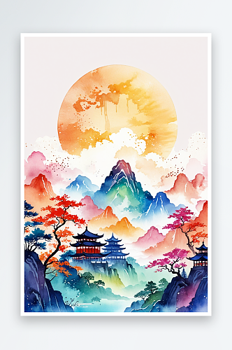 复古画画轴水彩风格山水插画背景图