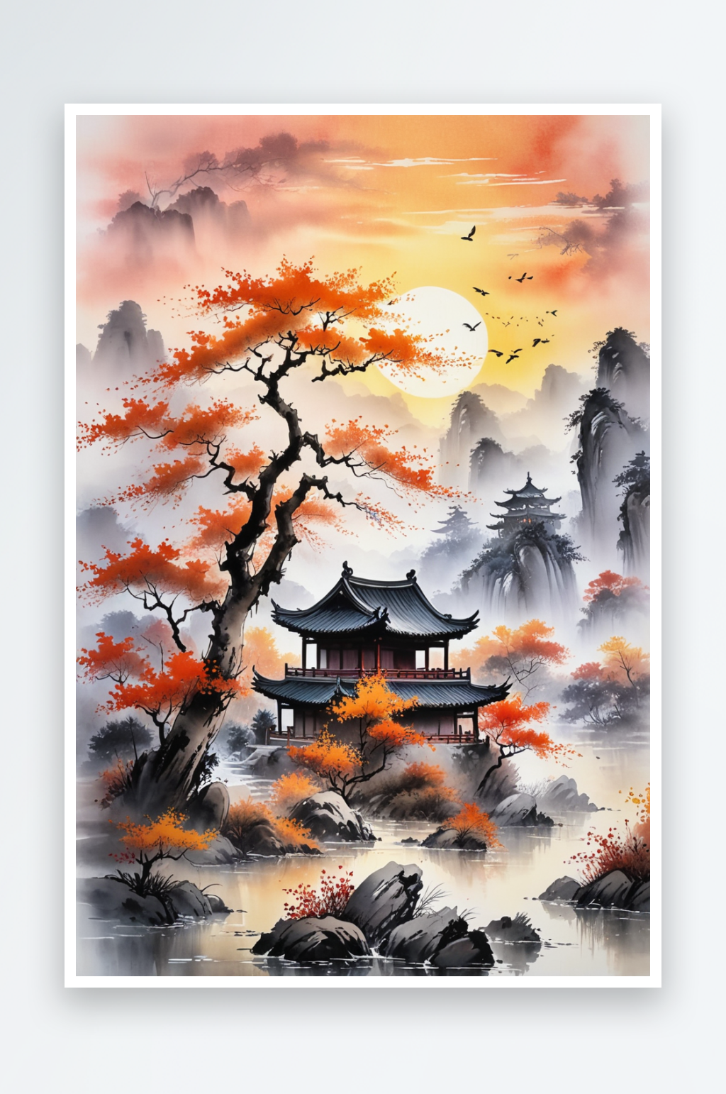 中画风格日出时的秋景素材