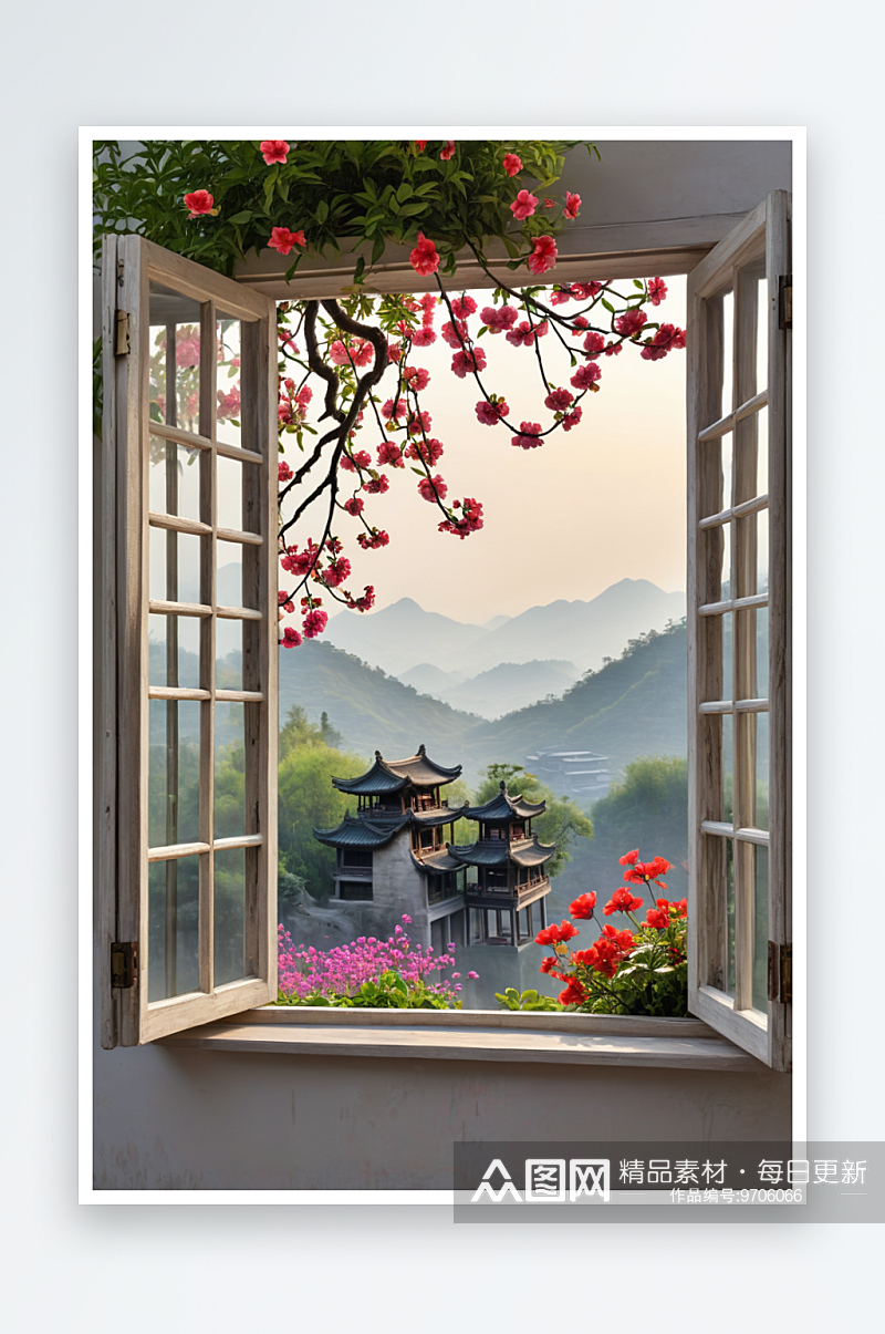 中风窗户花卉场景素材