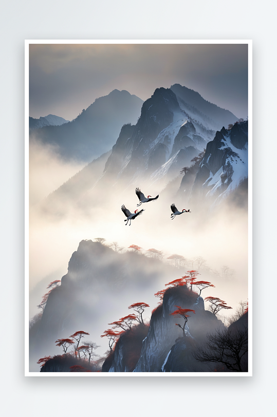 云雾缭绕的山飞翔的丹顶鹤