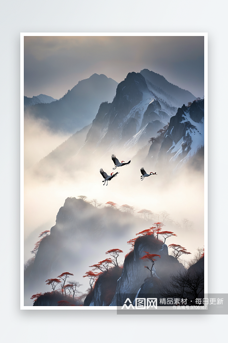 云雾缭绕的山飞翔的丹顶鹤素材