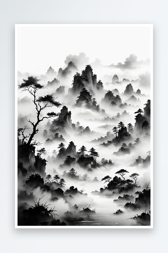 云雾缭绕的黑白水墨山水画