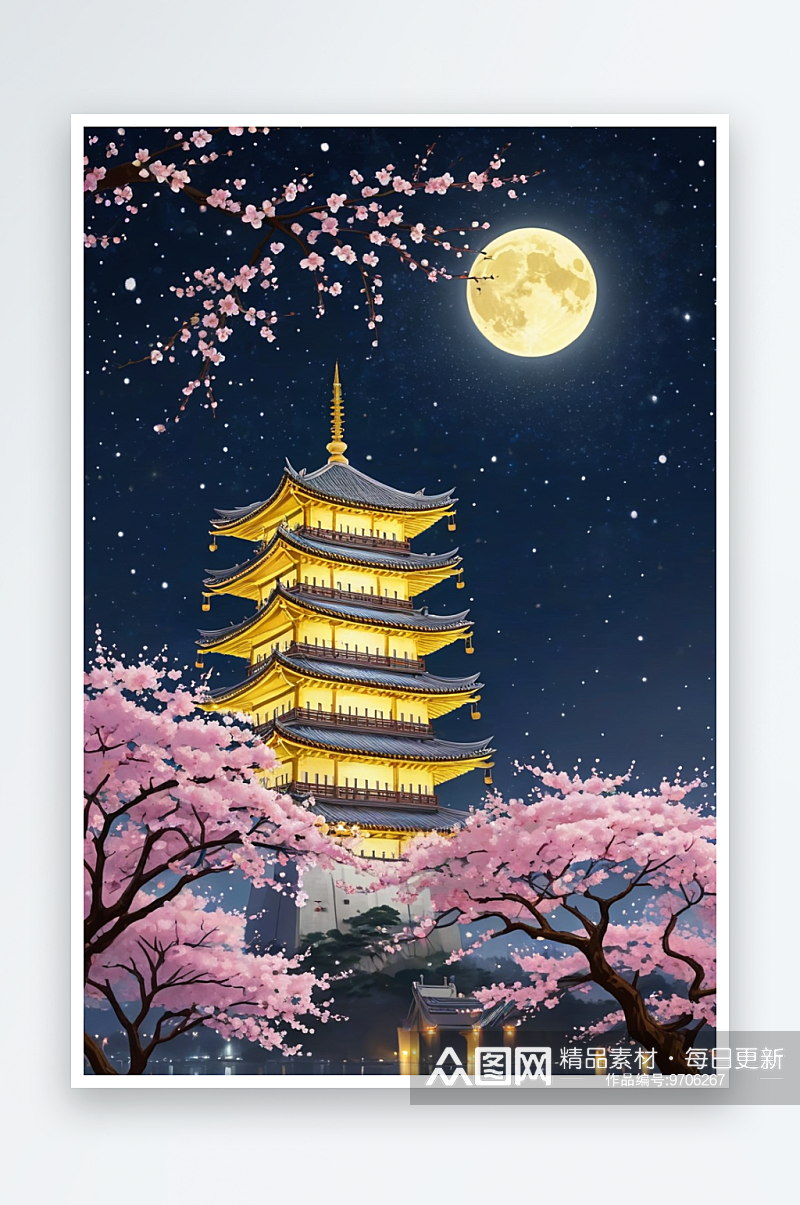夜晚星空下武汉市的黄鹤楼周围樱花正盛开插素材