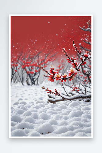 雪落红梅图大雪中独自绽放的红色梅花