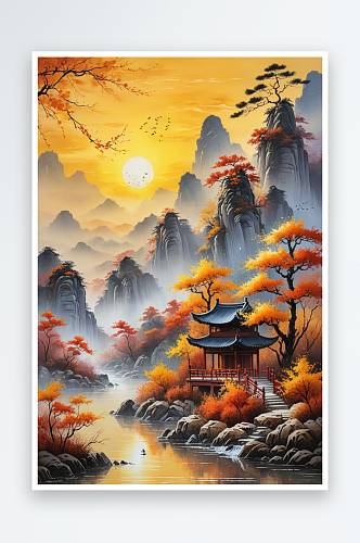 新中式油画山水画潮风秋天节气插画背景