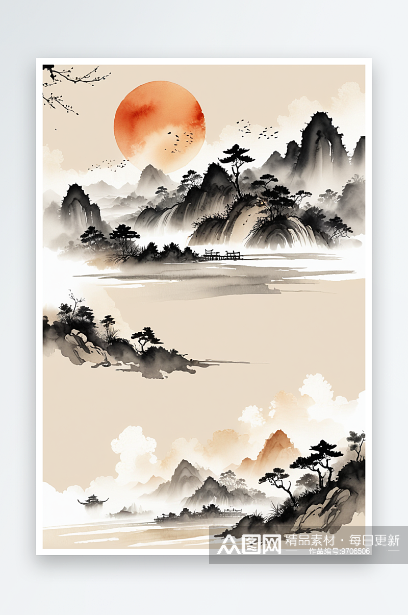 新中式水墨山水风格风景插画素材