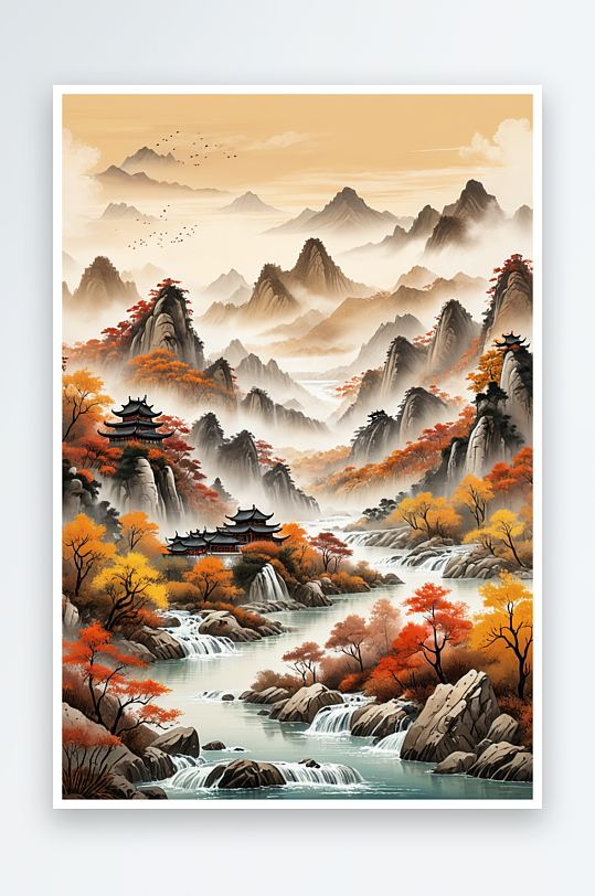 新中式秋天的山川大地风景插画