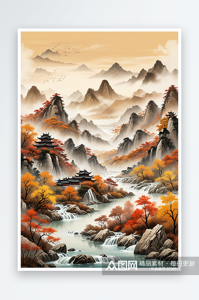 新中式秋天的山川大地风景插画素材