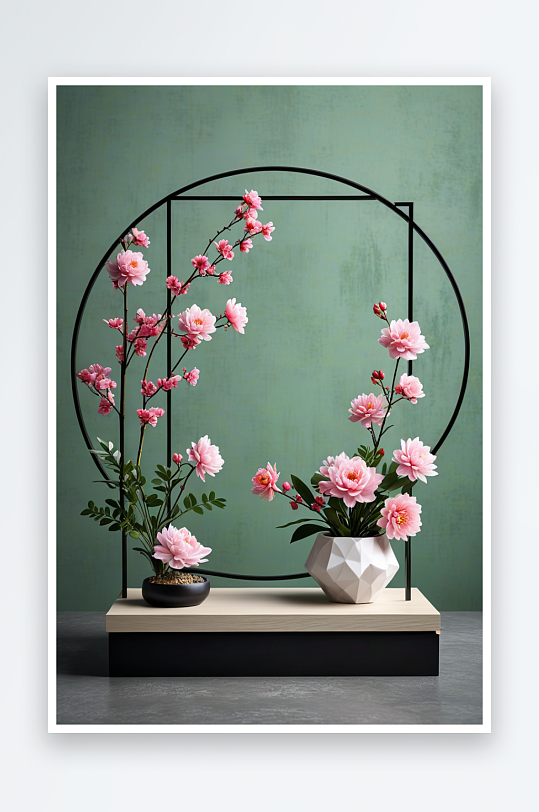 新中式古典鲜花现代抽象几何电商物品展示台