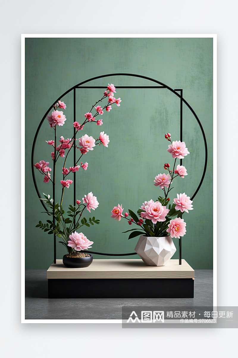 新中式古典鲜花现代抽象几何电商物品展示台素材
