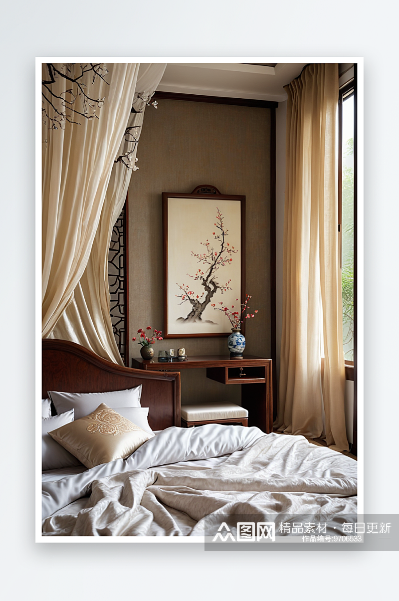 新中式风格卧室床铺素材