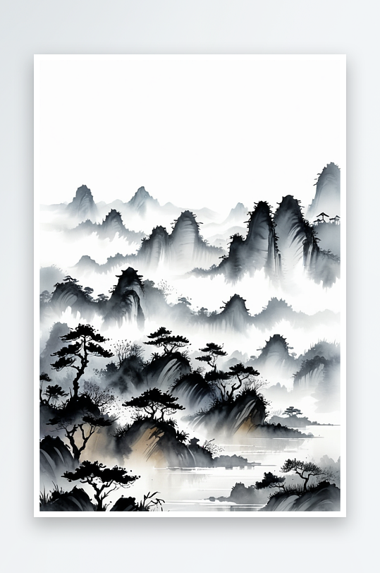 新中式风格水墨山水风景插画