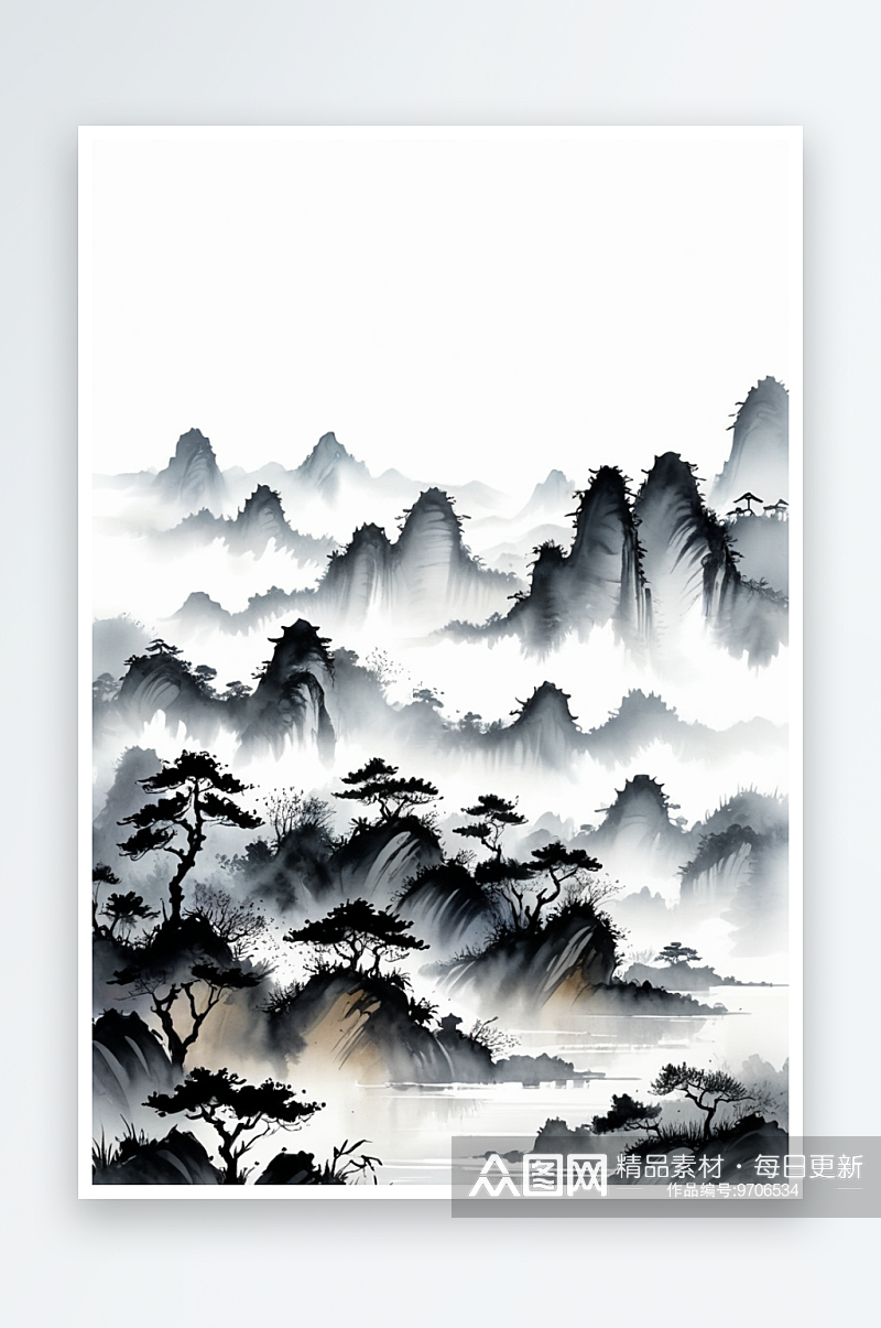 新中式风格水墨山水风景插画素材