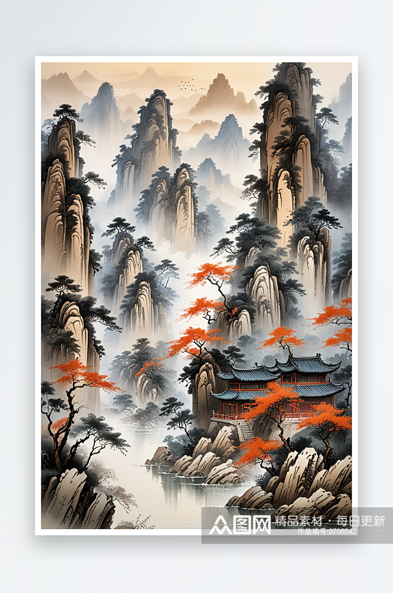 新中式风格绝山水层次感丰富的山脉风山水画素材