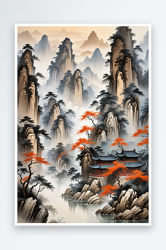 新中式风格绝山水层次感丰富的山脉风山水画