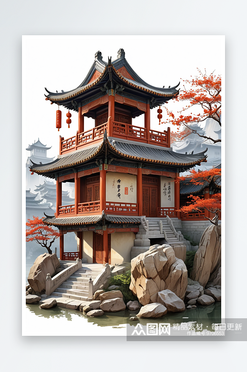 新中式风格传统建筑插画素材