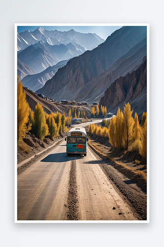 新疆喀纳斯市公路上的一辆公交车