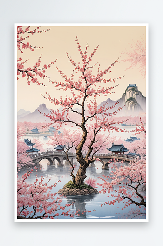 武汉樱花盛开景手绘插画海报背景