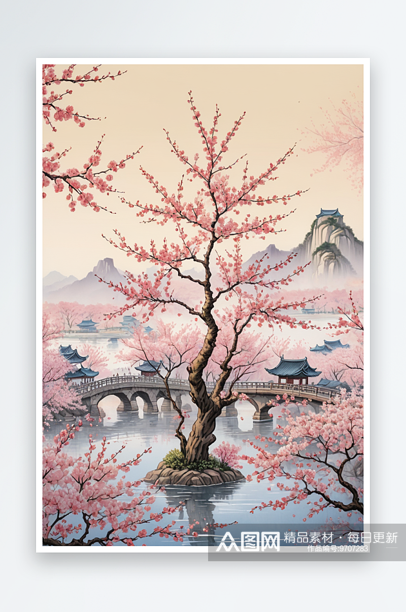 武汉樱花盛开景手绘插画海报背景素材