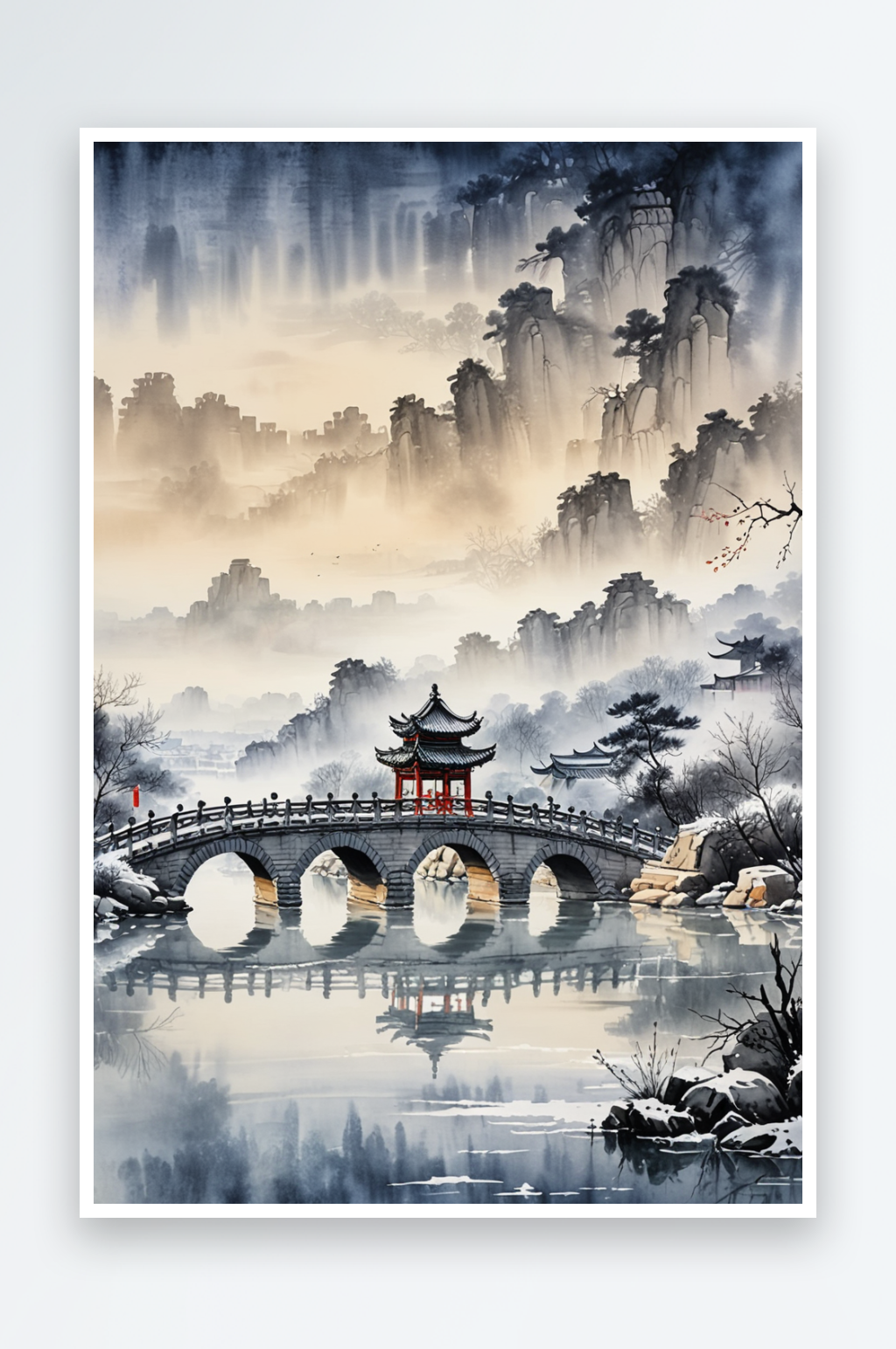 唯颐和园古桥中风冬季水墨画素材