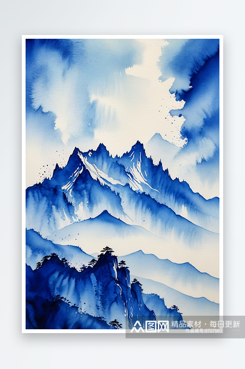 水墨蓝色山背景图片素材