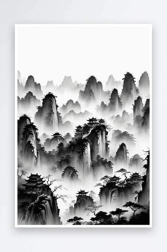 竖幅背景黑白中山水画