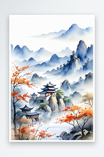 手绘中风小清新水彩风格山水风景插画