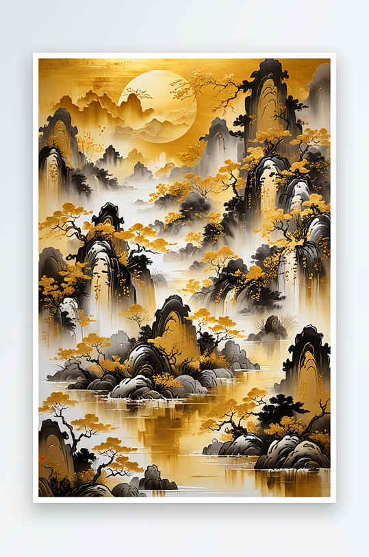 手绘新中式抽象金色抽象山水画