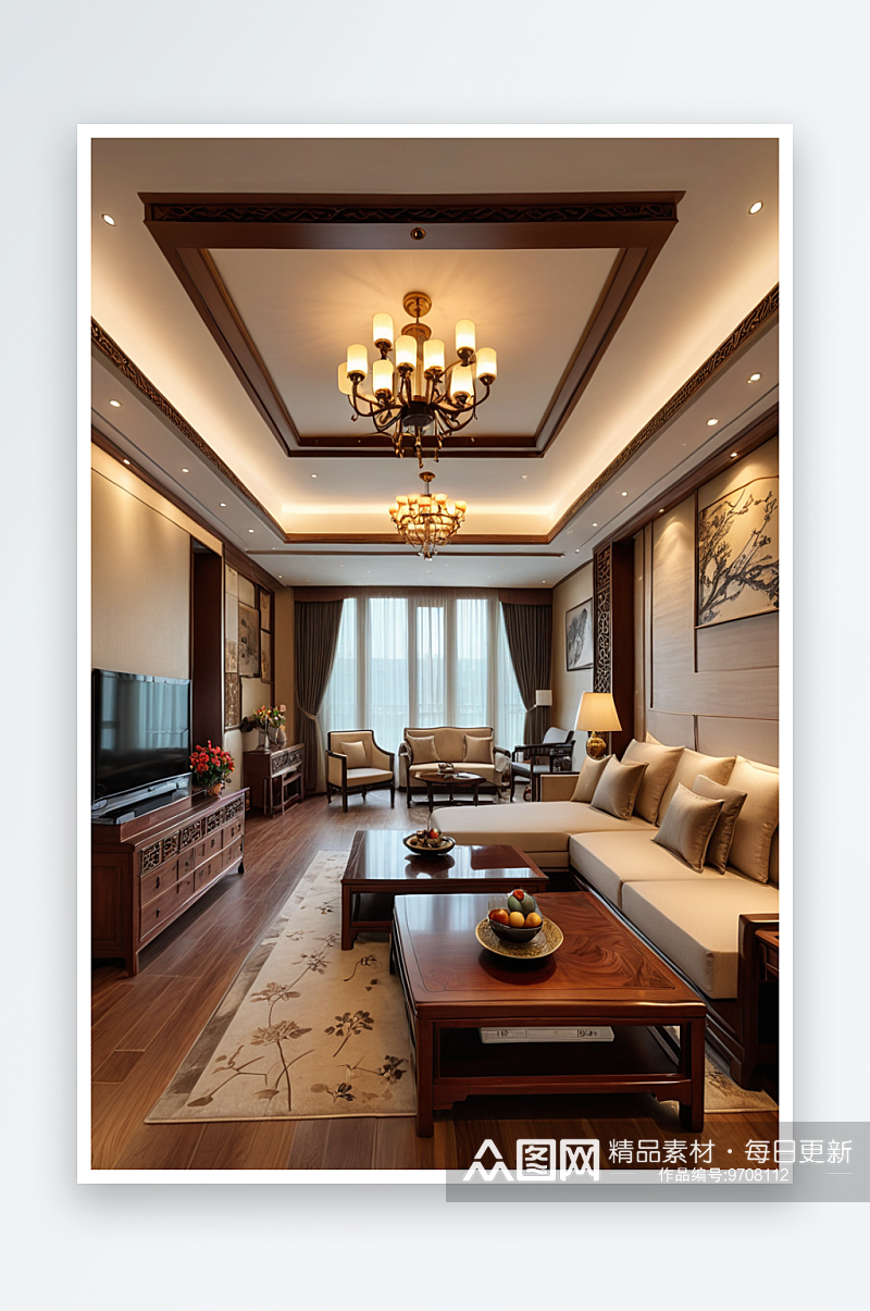 实木家具的中式风格豪华酒店套房客厅素材
