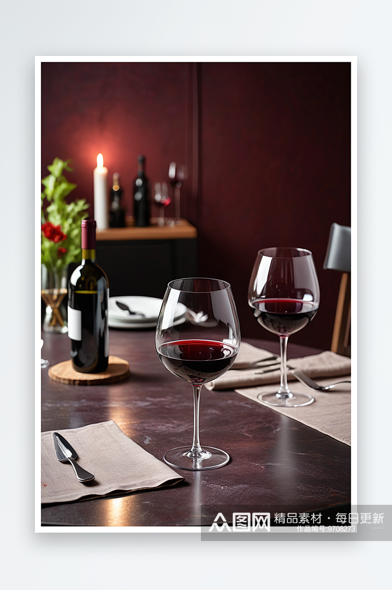 设计师设计的家装餐厅餐桌区域红酒杯里的红素材