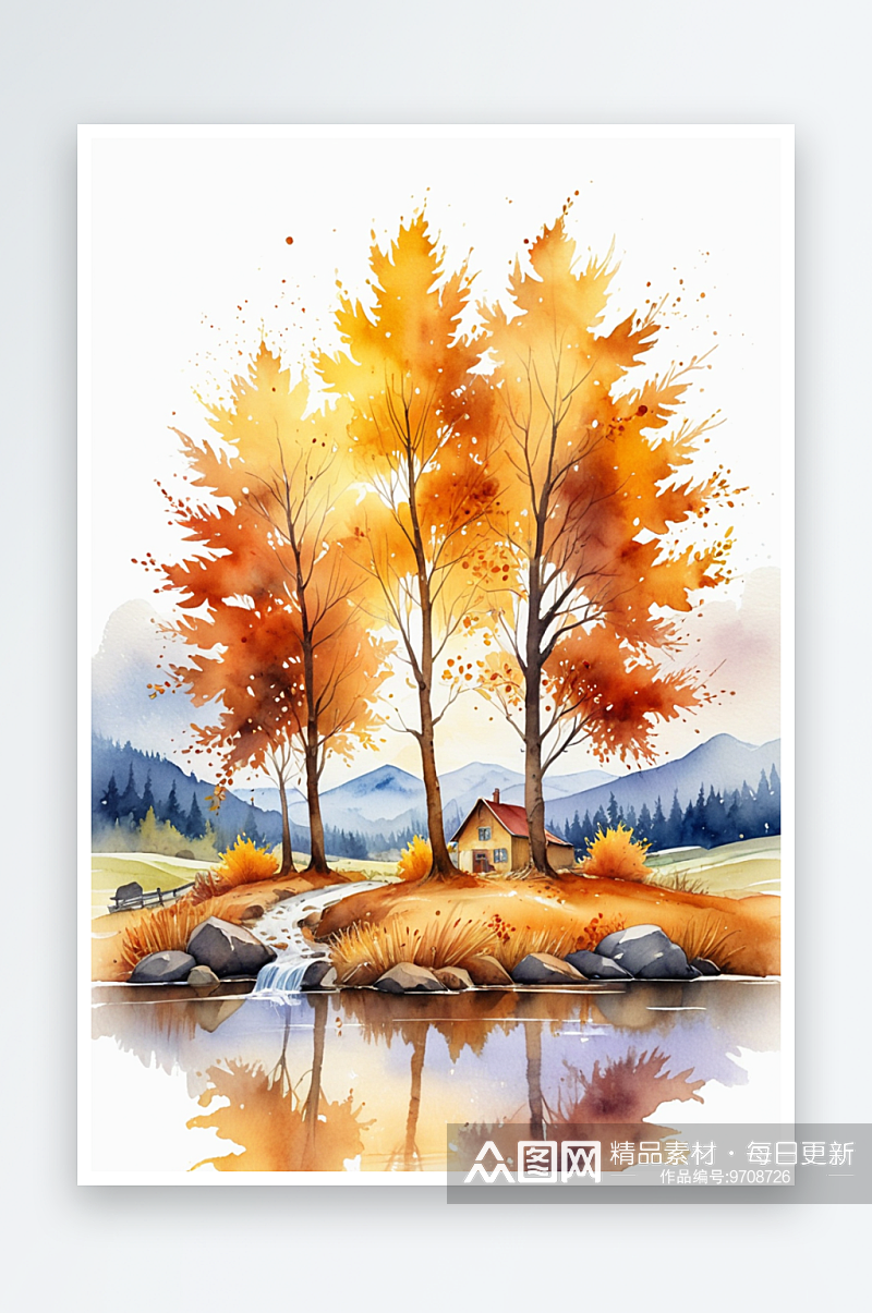 秋天的风景水彩插画素材
