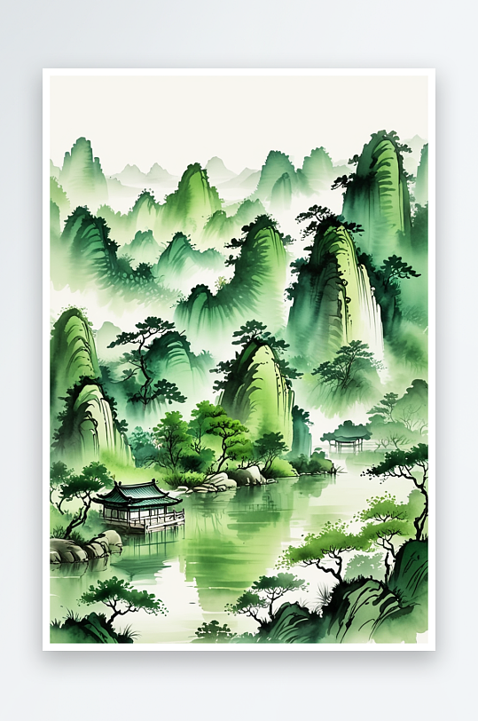 青绿水墨风山水景色手绘插画