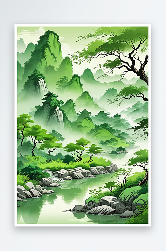 青绿山水风插画图片