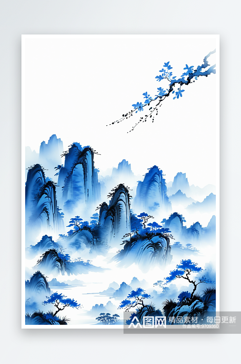 蓝色中式山水画图片素材