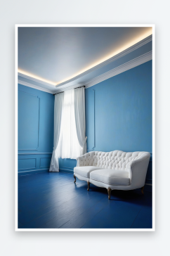 蓝色房间内的白色沙发