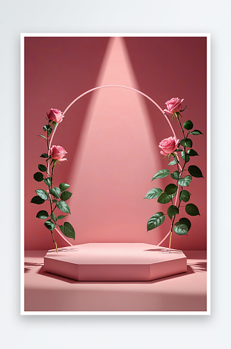 极简主义玫瑰几何底座粉色背景下的产品展示